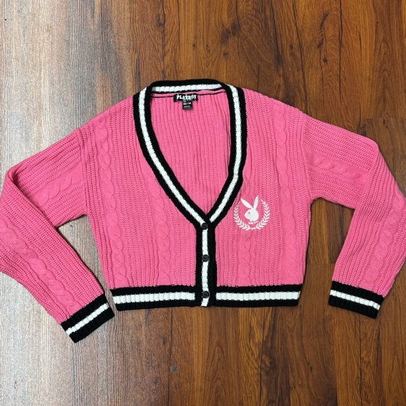 PLAYBOY Sweaters - Playboy Cropped Cable Knit Varsity Cardigan Pink XS Y2K